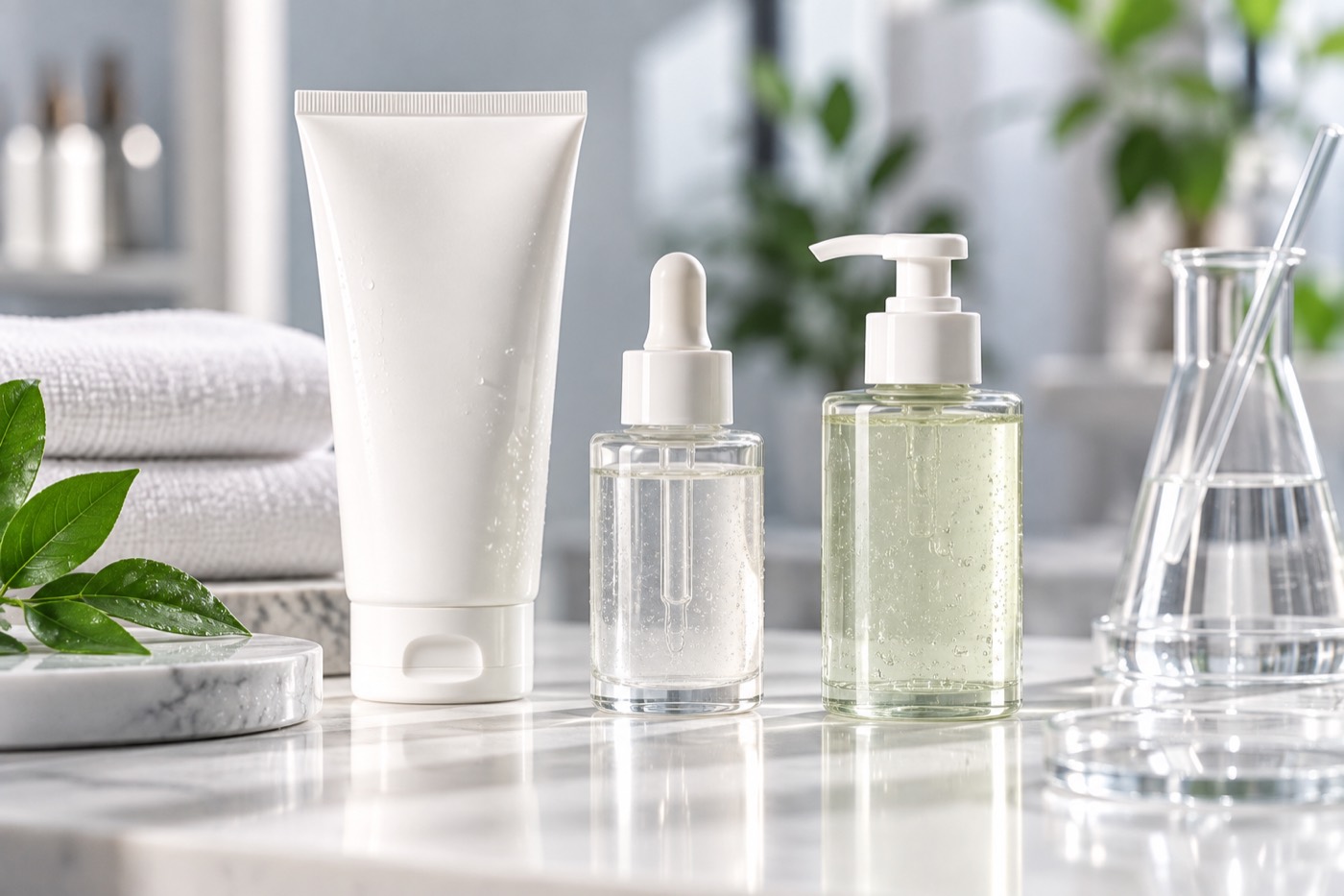 Skincare packs on a bathroom surface