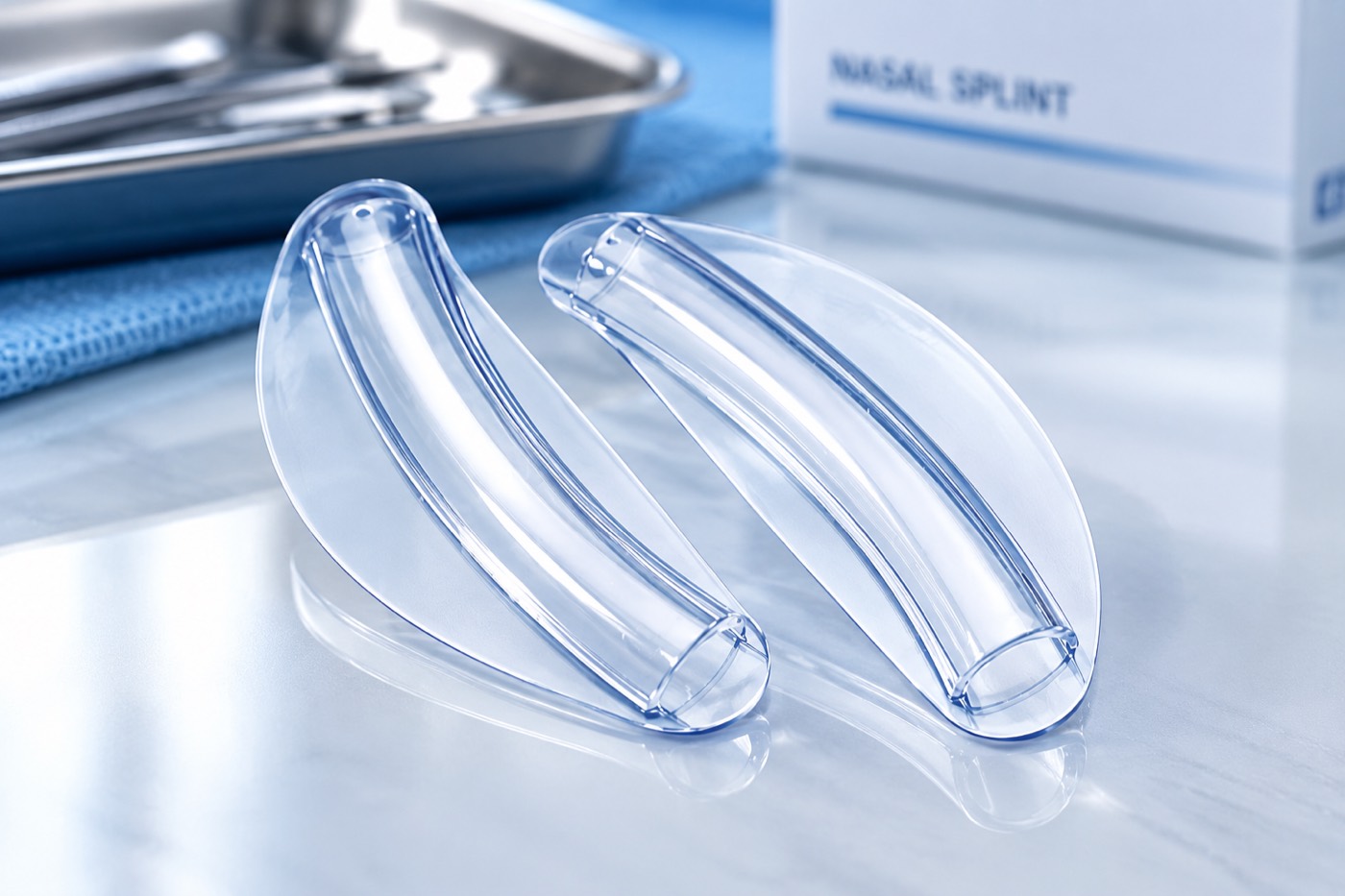 A pair of intranasal silicone splints beside a surgical tray